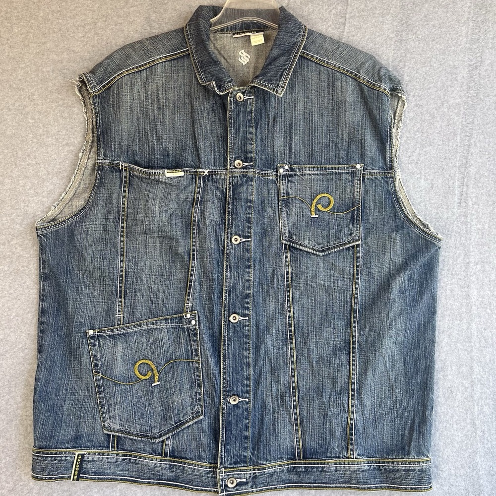 ROCAWEAR Denim Jean Vest 2XL Vintage Frayed Sleeve Edges Hip Hop 90s Street Wear